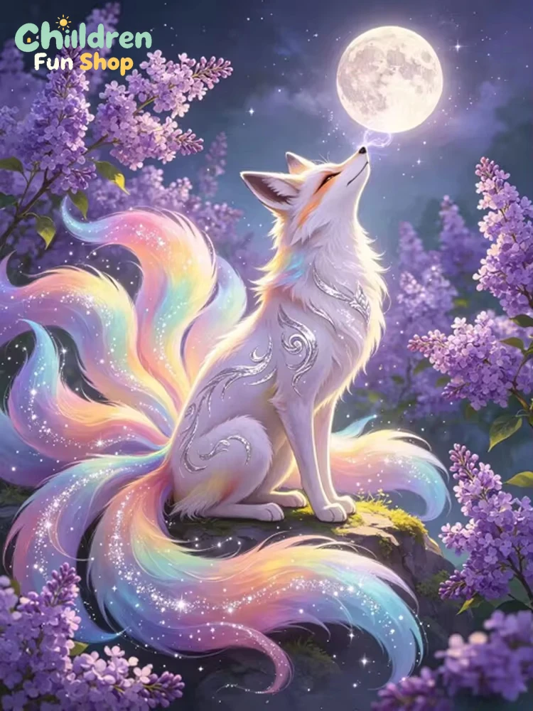 Resin Art Wallpaper - Regenboog gloeiende negenstaartvossen lavendel volle maan